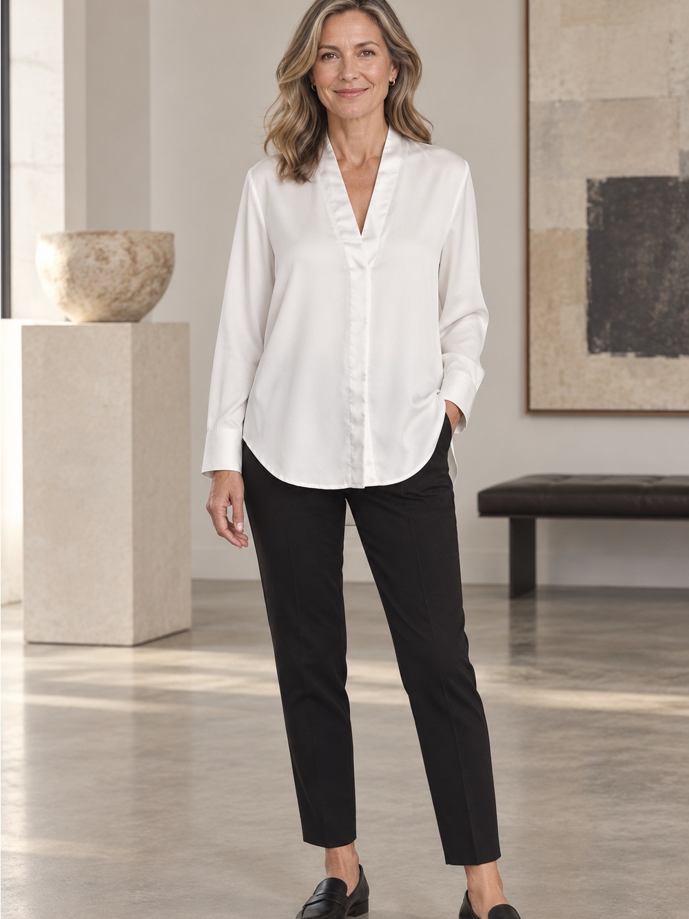 Eileen Fisher Ivory Satin Trim Shawl Collar Long Sleeve Silky Tunic Blouse Small